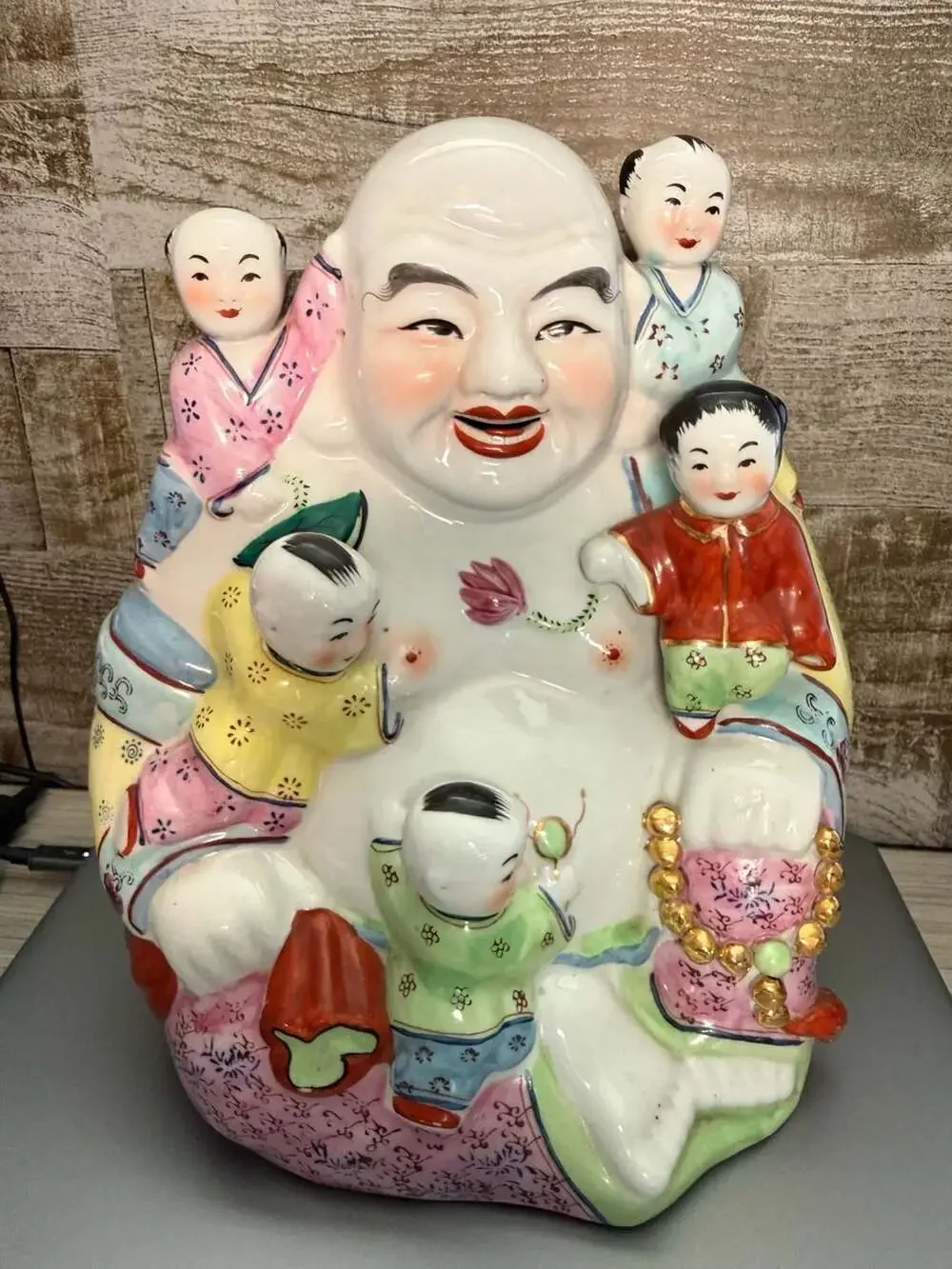 Vintage Chinese Famille Rose Porcelain Laughing Buddha With Five Children Statue